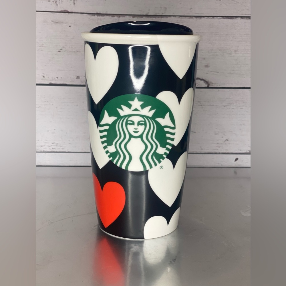 2015 Starbucks 12oz Black w/Hearts Ceramic Double Wall Travel Tumbler RARE